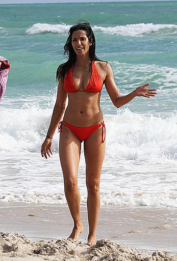 Indian actress Padma Lakshmi hard nipples under red bikini in Miami