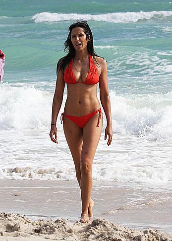 Indian actress Padma Lakshmi hard nipples under red bikini in Miami