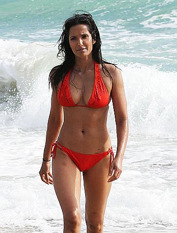 Indian actress Padma Lakshmi hard nipples under red bikini in Miami