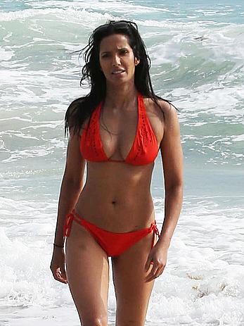 Indian actress Padma Lakshmi hard nipples under red bikini in Miami