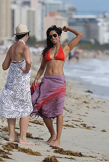 Indian actress Padma Lakshmi hard nipples under red bikini in Miami