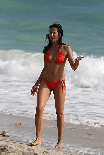 Indian actress Padma Lakshmi hard nipples under red bikini in Miami