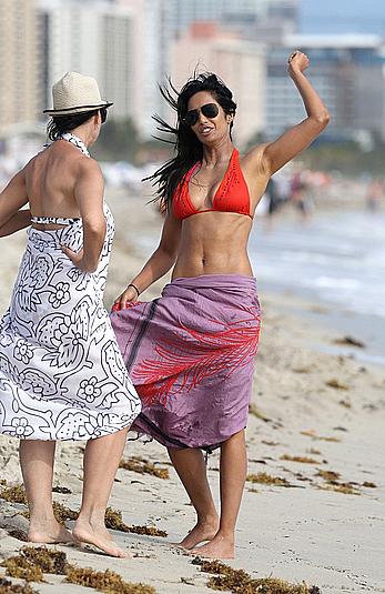 Indian actress Padma Lakshmi hard nipples under red bikini in Miami