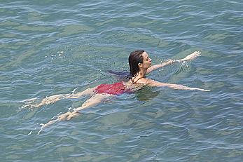 Penelope Cruz hard nipples under red monokini