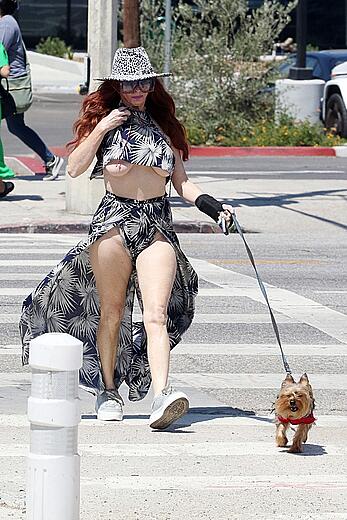 Phoebe Price underboobs while walking her beloved dog in Los Angeles