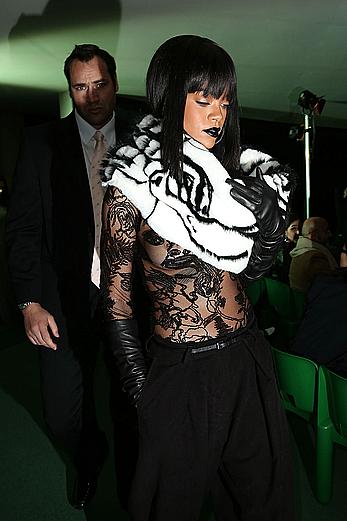 Rihanna nude tits under transparent top Jean Paul Gaultier fashion show in Paris