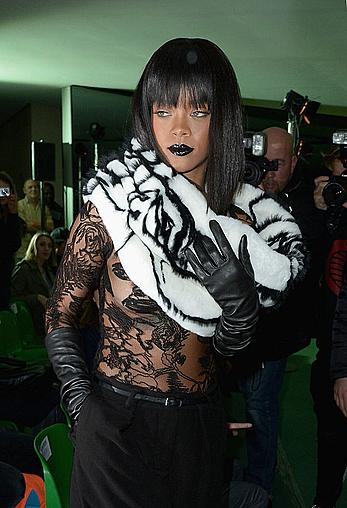 Rihanna nude tits under transparent top Jean Paul Gaultier fashion show in Paris