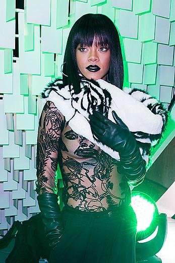 Rihanna nude tits under transparent top Jean Paul Gaultier fashion show in Paris