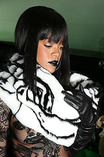 Rihanna nude tits under transparent top Jean Paul Gaultier fashion show in Paris