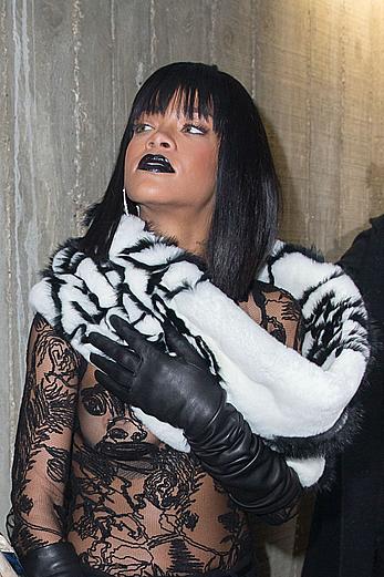 Rihanna nude tits under transparent top Jean Paul Gaultier fashion show in Paris