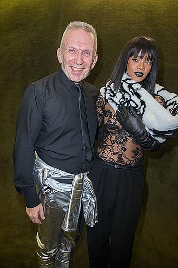 Rihanna nude tits under transparent top Jean Paul Gaultier fashion show in Paris