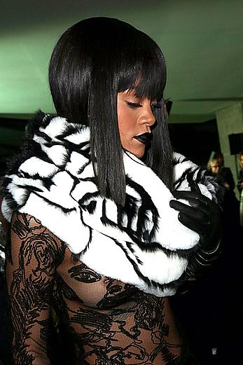 Rihanna nude tits under transparent top Jean Paul Gaultier fashion show in Paris