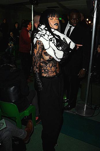 Rihanna nude tits under transparent top Jean Paul Gaultier fashion show in Paris