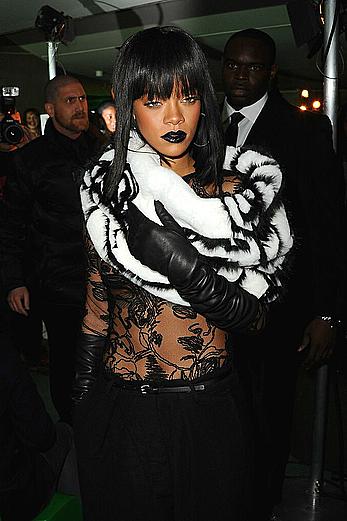 Rihanna nude tits under transparent top Jean Paul Gaultier fashion show in Paris