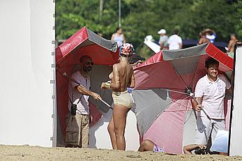 Rihanna topless with pasties during photoshoot in Brasil