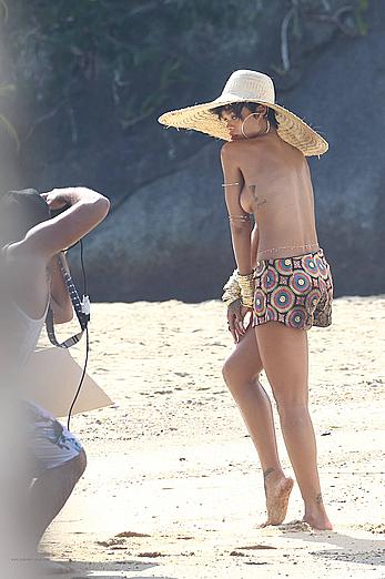 Rihanna topless with pasties during photoshoot in Brasil