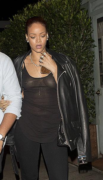 Rihanna nude tits under see through top in Santa Monica