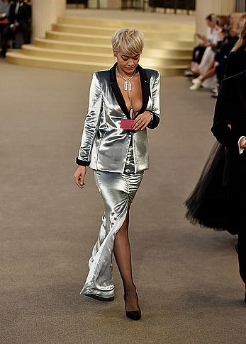 Rita Ora nipslip and cleavage at Chanel fashion show at Fashion Week