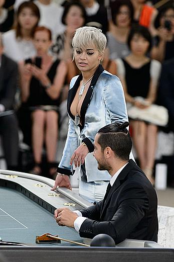 Rita Ora nipslip and cleavage at Chanel fashion show at Fashion Week