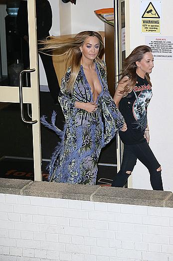 Rita Ora tit slip leaving X Factor studios in London