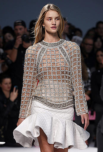 Rosie Huntington-Whiteley nude tits under fishnet transparent top at balmain fashion show