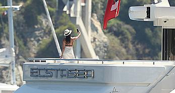 Sara Sampaio tanning topless on a yacht in St. Tropez