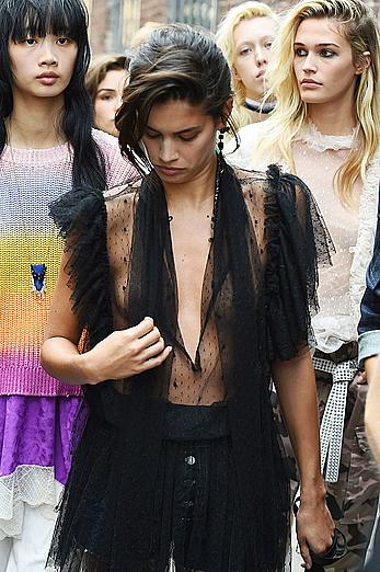 Sara Sampaio wears a see through black dress at the Zadig & Voltaire SpringSummer 2018