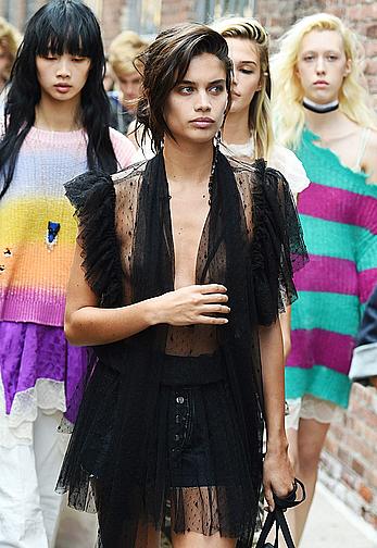 Sara Sampaio wears a see through black dress at the Zadig & Voltaire SpringSummer 2018