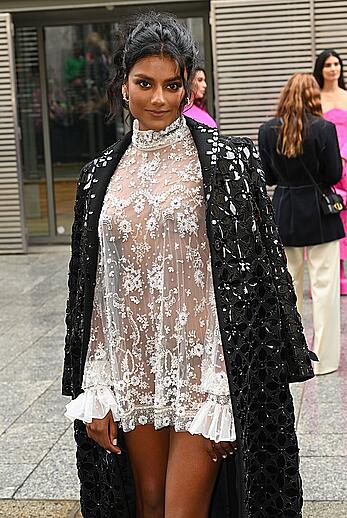 Simone Ashley see through to boobs at Valentino Womenswear Spring-Summer 2023 show during Paris Fashion Week