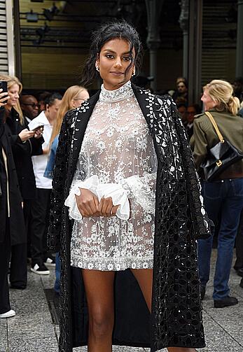 Simone Ashley see through to boobs at Valentino Womenswear Spring-Summer 2023 show during Paris Fashion Week