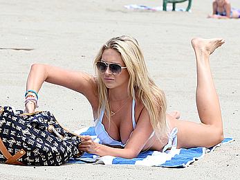 Stephanie Pratt in white bikini on a beach