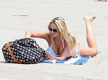 Stephanie Pratt in white bikini on a beach