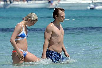 Teliz Alley girlfriend of Alfie Allen topless on a beach in Formentera