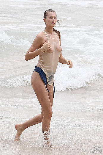 Toni Garrn nude tits under transparent wet top