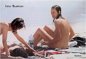 Uma Thurman fully nude on a beach