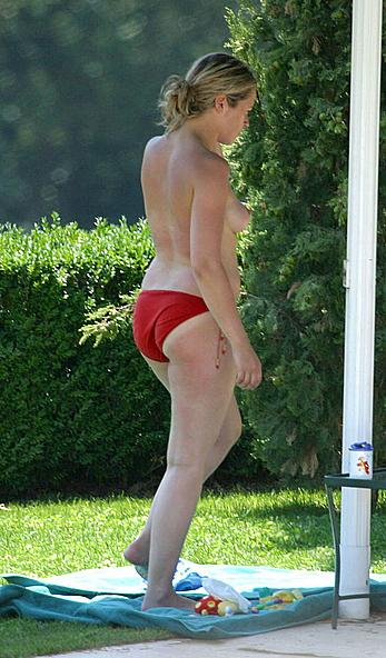 Edith Bowman sunbathing topless in red pants